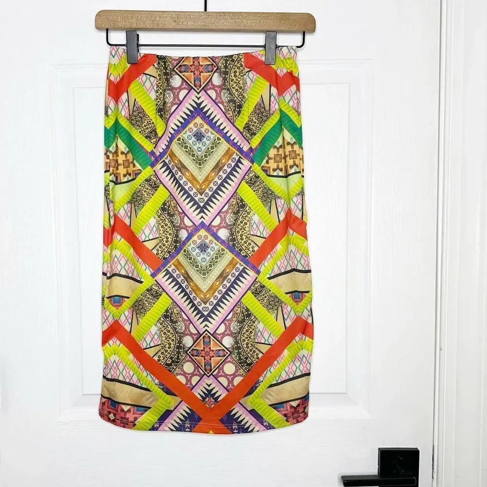 LAPIS Size S Stretchy Vibrant Multicolor‎ Geometric Abstract Pencil Skirt